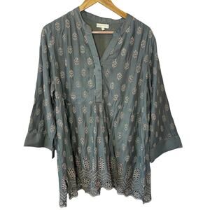 Ruby Yaya Boho Festival Style Green W/ Metallic Eyelet Long Sleeve Tunic XL